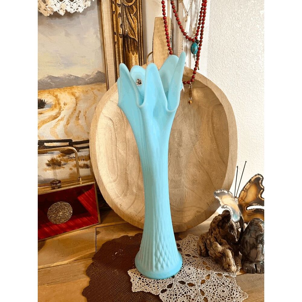 Vintage Fenton Stretch Swung Blue Satin Custard Milk Glass Diamond Pattern Vase